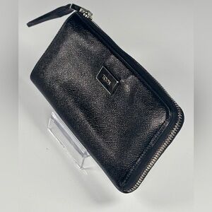 TODS Black Textured Leather corner  Zip Wallet. Red interior. S